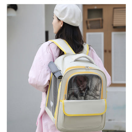 Beige And Green Spacious Pet Carrier Backpack with Clear Window - Comfortable Travel Bag for Cats & Small Dogs