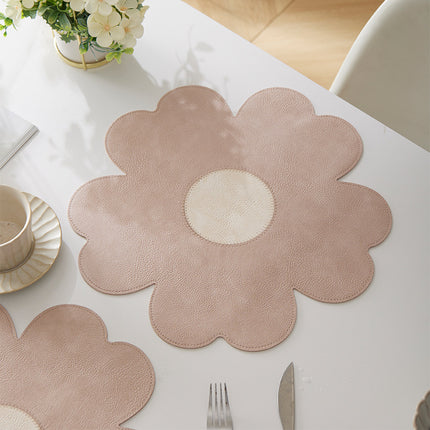 White Background With Yellow Heart + Blue Heart Set of 6 Reversible Flower Shaped Placemats - Waterproof PU Leather Dining Table Mats
