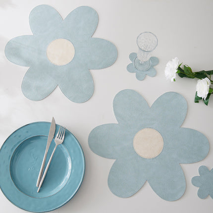 Blue Background With White Heart + Blue Background Set of 6 Reversible Flower Shaped Placemats - Waterproof PU Leather Dining Table Mats