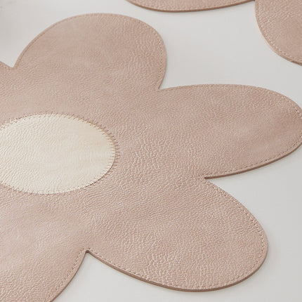 Blue Background With White Heart + Blue Background Set of 6 Reversible Flower Shaped Placemats - Waterproof PU Leather Dining Table Mats