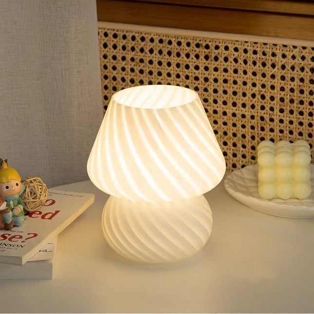 White Retro Swirl Glass Mushroom Table Lamp