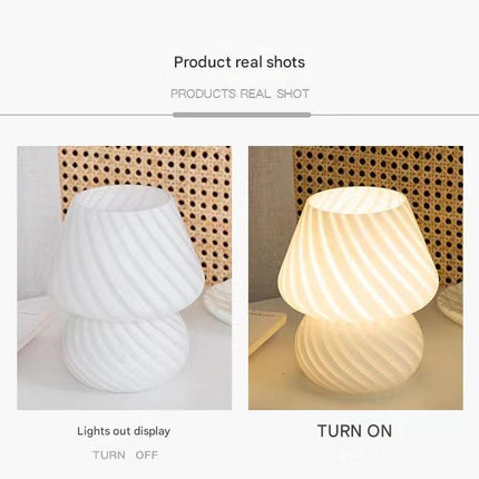 White Retro Swirl Glass Mushroom Table Lamp - USB Powered 3-Level Dimmable Bedside Accent Light