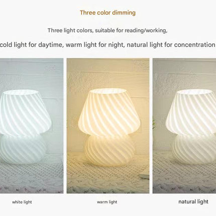 Pink Retro Swirl Glass Mushroom Table Lamp - USB Powered 3-Level Dimmable Bedside Accent Light