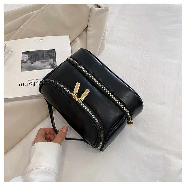 Black Large Capacity Double Layer PU Leather Makeup Bag