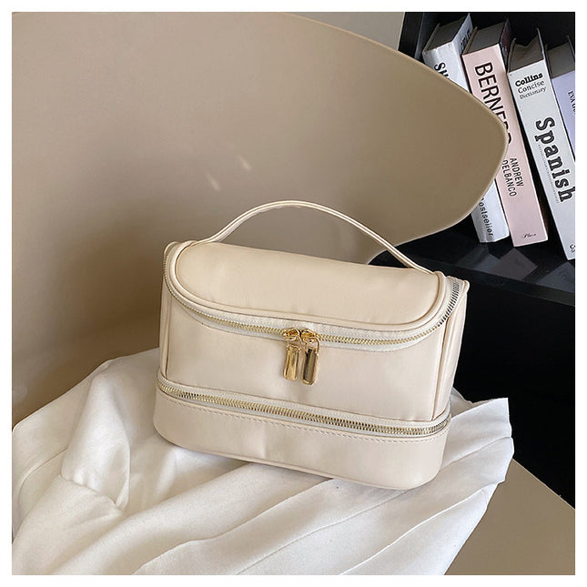 Beige Large Capacity Double Layer PU Leather Makeup Bag