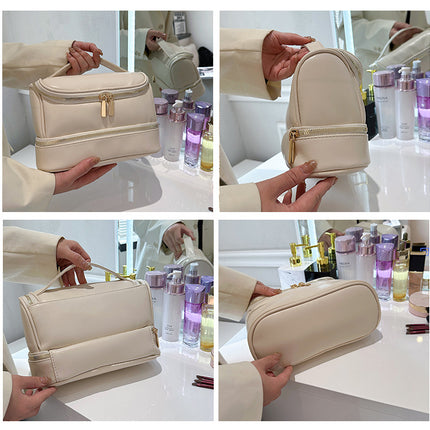 Beige Large Capacity Double Layer PU Leather Makeup Bag - Portable Travel Cosmetic Organizer Case