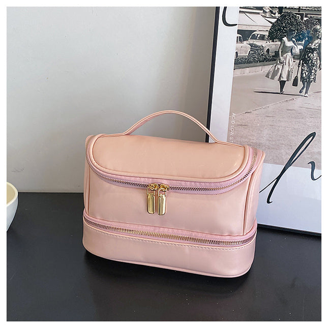 Pink Large Capacity Double Layer PU Leather Makeup Bag