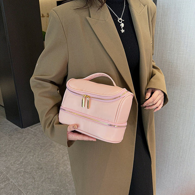 Pink Large Capacity Double Layer PU Leather Makeup Bag – product detail