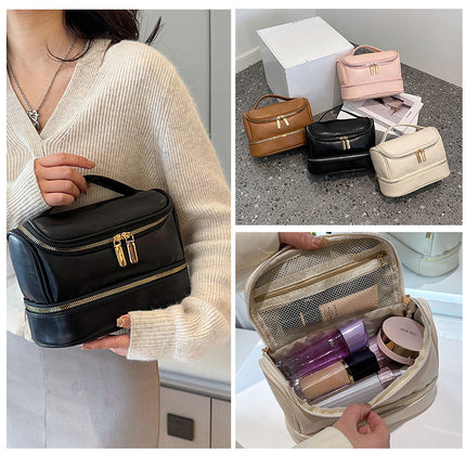 Pink Large Capacity Double Layer PU Leather Makeup Bag - Portable Travel Cosmetic Organizer Case