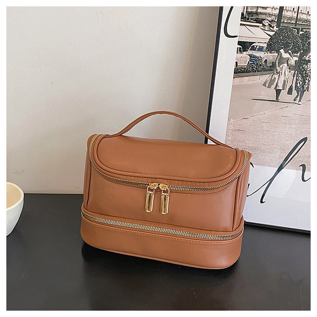 Brown Large Capacity Double Layer PU Leather Makeup Bag