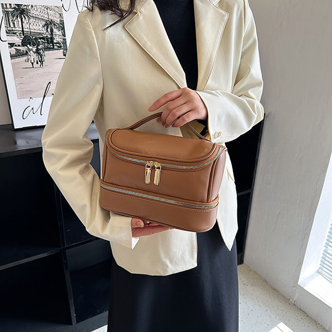 Brown Large Capacity Double Layer PU Leather Makeup Bag – product detail