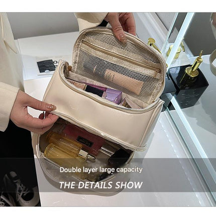 Brown Large Capacity Double Layer PU Leather Makeup Bag - Portable Travel Cosmetic Organizer Case