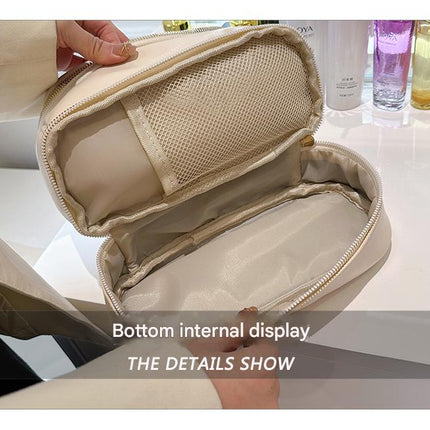 Brown Large Capacity Double Layer PU Leather Makeup Bag - Portable Travel Cosmetic Organizer Case