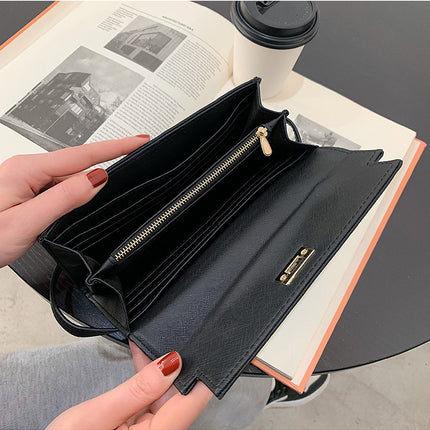 Black Elegant Women's Turn Lock Long Wallet - Black PU Leather Clutch Purse with Card Slots & Zipper Pocket