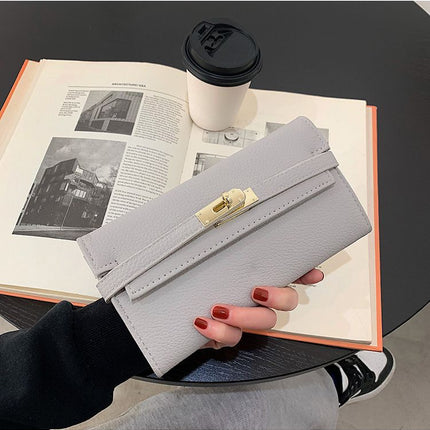 Grey Elegant Women's Turn Lock Long Wallet
