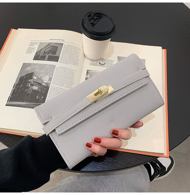 Grey Elegant Women's Turn Lock Long Wallet