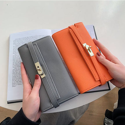 Grey Elegant Women's Turn Lock Long Wallet – hardware detail