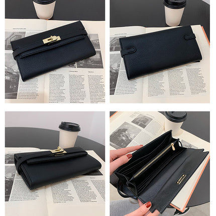 Orange Elegant Women's Turn Lock Long Wallet - Black PU Leather Clutch Purse with Card Slots & Zipper Pocket