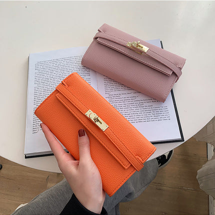 Pink Elegant Women's Turn Lock Long Wallet - Black PU Leather Clutch Purse with Card Slots & Zipper Pocket
