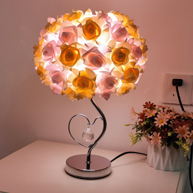 Pink, Yellow Roses and Silver Base Romantic Red Rose Flower Table Lamp