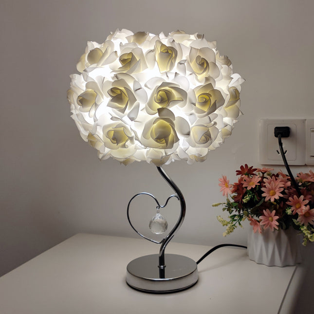 Beige Roses and Silver Base Romantic Red Rose Flower Table Lamp