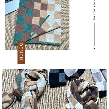 Coffee,Grey And Beige Unisex Retro Checkered Knit Scarf - Soft Thick Winter Shawl Wrap