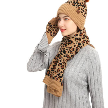 Pink Women's 3-Piece Winter Knit Set - Leopard Print Plush Lined Beanie Hat, Scarf & Touchscreen Gloves