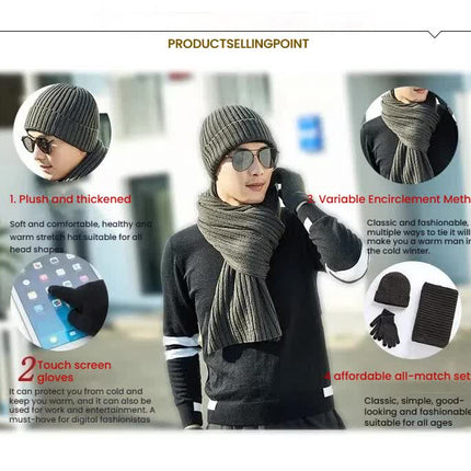 Dark Grey Men's 3-Piece Winter Warm Ribbed Knit Beanie Hat Scarf and Gloves Set