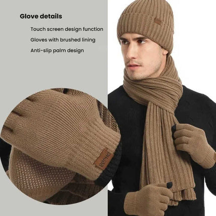 Light Grey Men's 3-Piece Winter Warm Ribbed Knit Beanie Hat Scarf and Gloves Set
