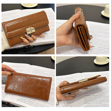 Brown Elegant Women's RFID Blocking Long Wallet - PU Leather Clutch Purse with Clasp