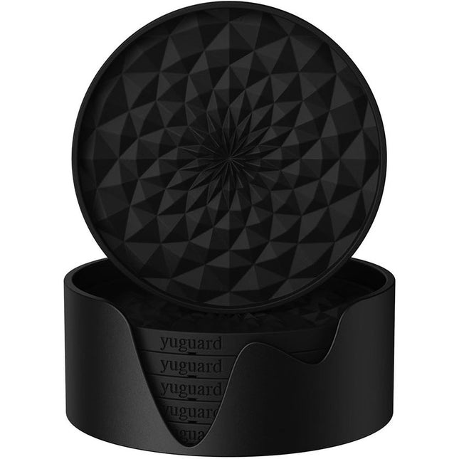 Black Geometric Silicone Drink Coasters Set (6 Pack) with Holder