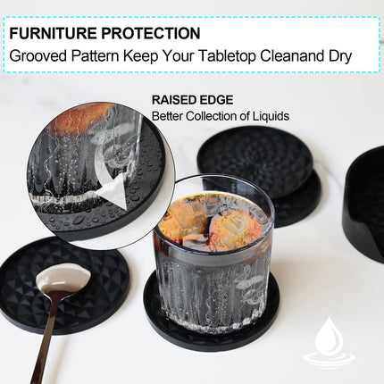Black Geometric Silicone Drink Coasters Set (6 Pack) with Holder - Non-Slip Table Protectors