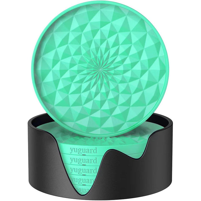 Green and Black Geometric Silicone Drink Coasters Set (6 Pack) with Holder