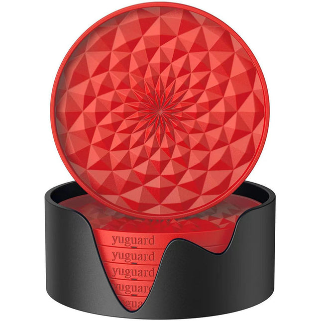 Red and Black Geometric Silicone Drink Coasters Set (6 Pack) with Holder