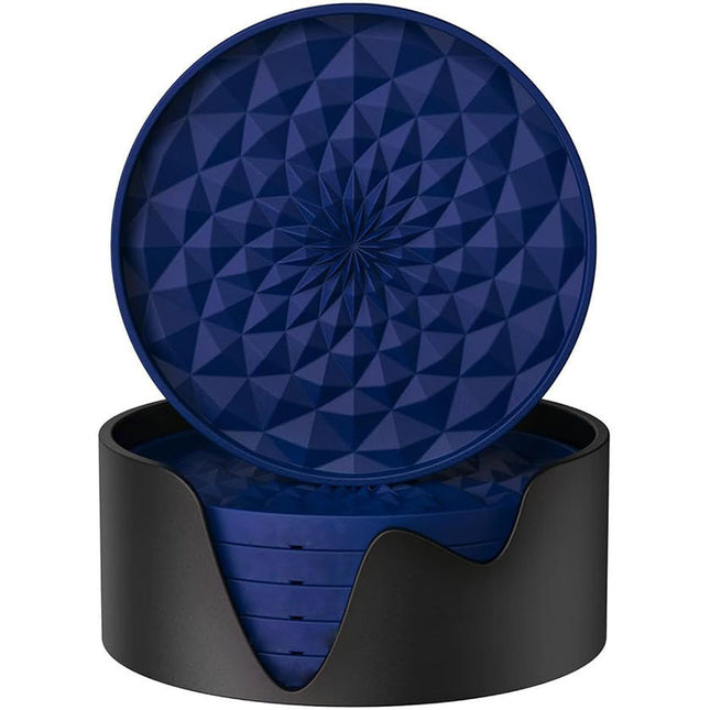 Dark Blue and Black Geometric Silicone Drink Coasters Set (6 Pack) with Holder