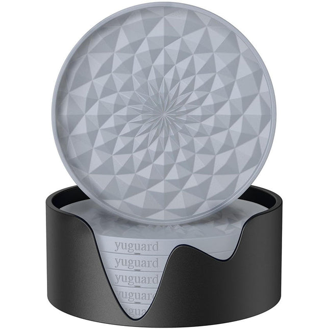 Grey and Black Geometric Silicone Drink Coasters Set (6 Pack) with Holder
