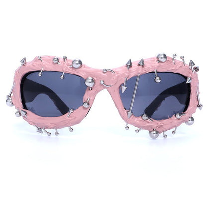 Pink Edgy Punk Rock Spiked Sunglasses - Statement Goth Studded Eyewear