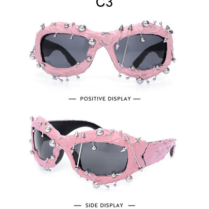 Pink Edgy Punk Rock Spiked Sunglasses - Statement Goth Studded Eyewear