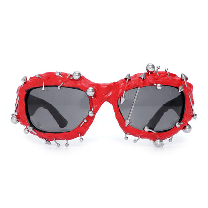 Red Edgy Punk Rock Spiked Sunglasses - Statement Goth Studded Eyewear