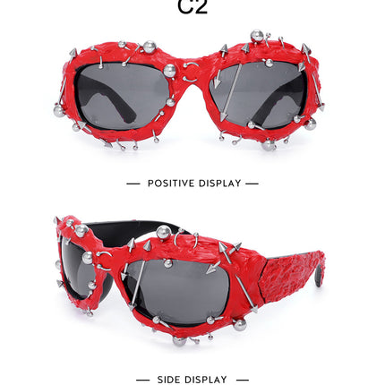 Red Edgy Punk Rock Spiked Sunglasses - Statement Goth Studded Eyewear