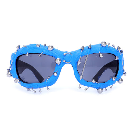 Blue Edgy Punk Rock Spiked Sunglasses - Statement Goth Studded Eyewear