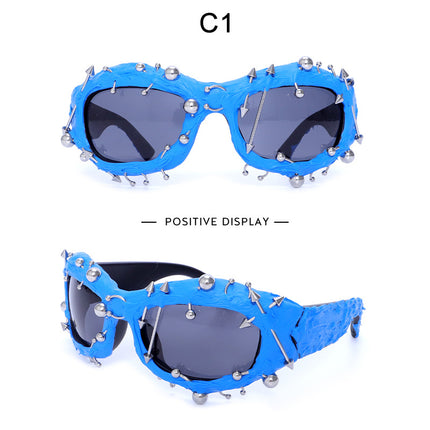 Blue Edgy Punk Rock Spiked Sunglasses - Statement Goth Studded Eyewear