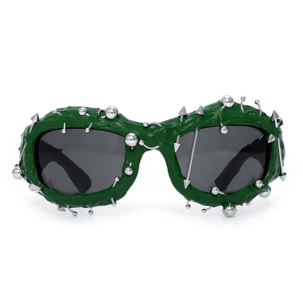 Green Edgy Punk Rock Spiked Sunglasses - Statement Goth Studded Eyewear