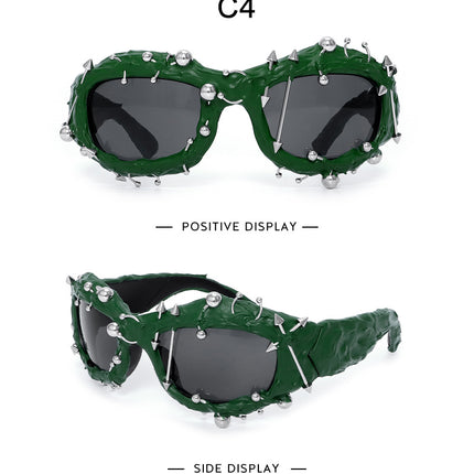 Green Edgy Punk Rock Spiked Sunglasses - Statement Goth Studded Eyewear