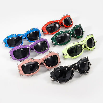 Green Edgy Punk Rock Spiked Sunglasses - Statement Goth Studded Eyewear