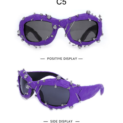 Purple Edgy Punk Rock Spiked Sunglasses - Statement Goth Studded Eyewear