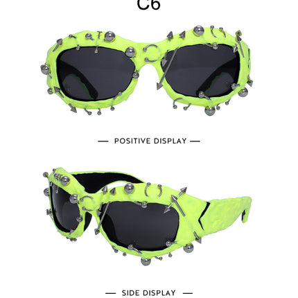 Bright Green Edgy Punk Rock Spiked Sunglasses - Statement Goth Studded Eyewear
