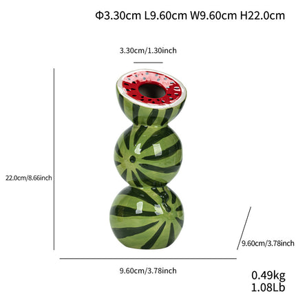 Green and Red Whimsical Stacked Watermelon Ceramic Vase - Novelty Tabletop Decor