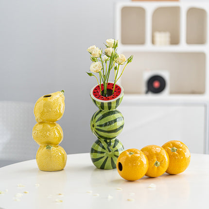 Green and Red Whimsical Stacked Watermelon Ceramic Vase - Novelty Tabletop Decor
