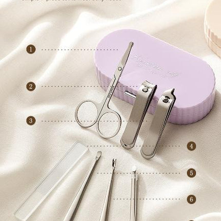Beige Compact 7-Piece Manicure Set - Stainless Steel Nail Grooming Kit with Stylish Travel Case
